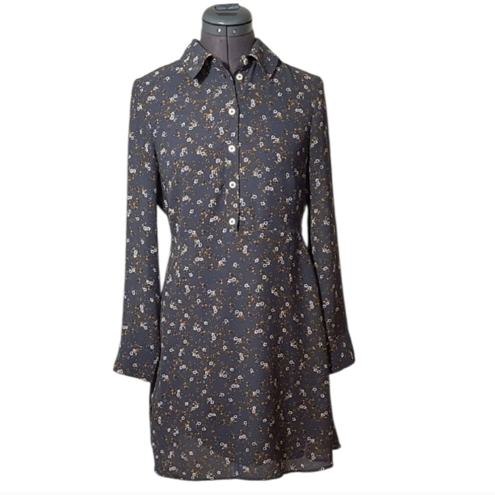 Frank & Oak Long Sleeve Dress Floral Sheer Grey Yellow Dark Academia